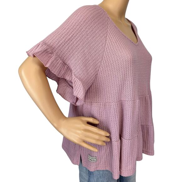 2/$15 Simply Southern Ruffle Tier Waffle Knit Top Pink Short Sleeve Size L - Picture 3 of 8